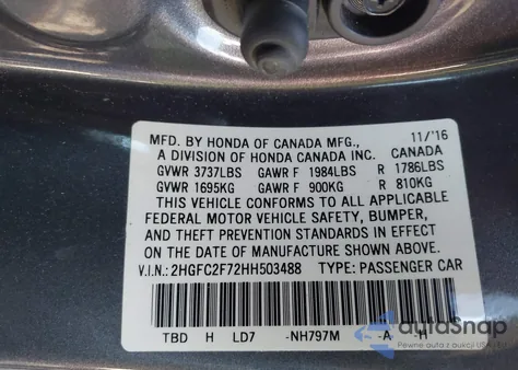 2017 Honda Civic Ex from USA, damaged, VIN 2HGFC2F72HH503488